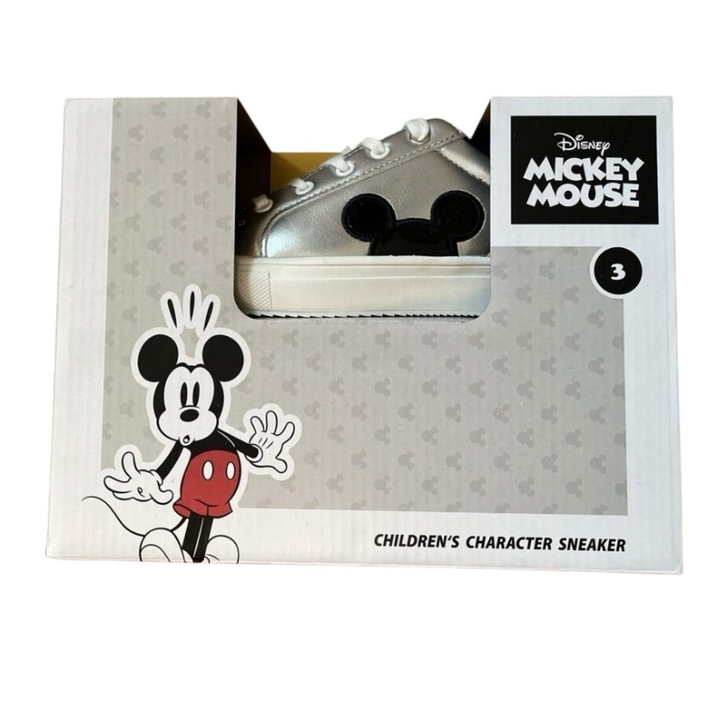 NWB Disney Mickey Mouse Character Court Sneakers Shoes Silver Youth Size 3